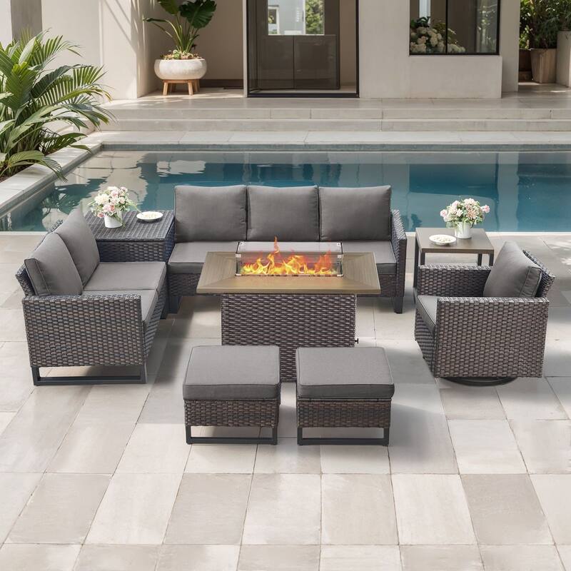 Gymojoy 6-8 Person All-Weather Wicker Outdoor Conversation Set Seating Group With Fire Pit Table - Brown Wicker / Gray Cusion - 8-Piece
