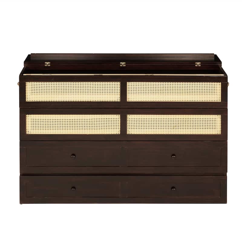 Murphy Bed, Pine Wood Cabinet Bed with Rattan Decoration and Storage Drawer