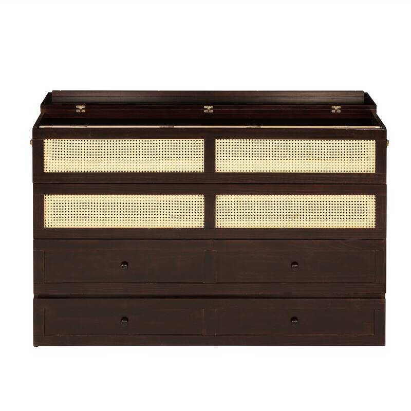 Queen Size Pine Wood Murphy Cabinet Bed with Rattan Decoration and Storage Drawer, Espresso