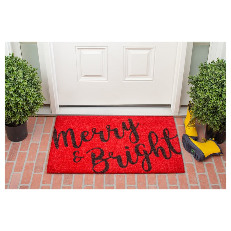 HomeRoots 36" X 72" Red And Black Christmas Merry and Bright Outdoor Coir Door Mat - 36.00' X '72.00