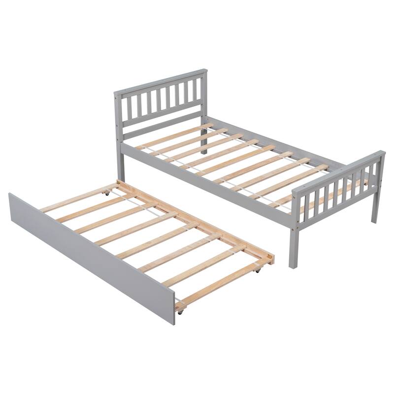 Single Box Bed Grey Trundle Bed, Wood Bed Frames with Headboard and