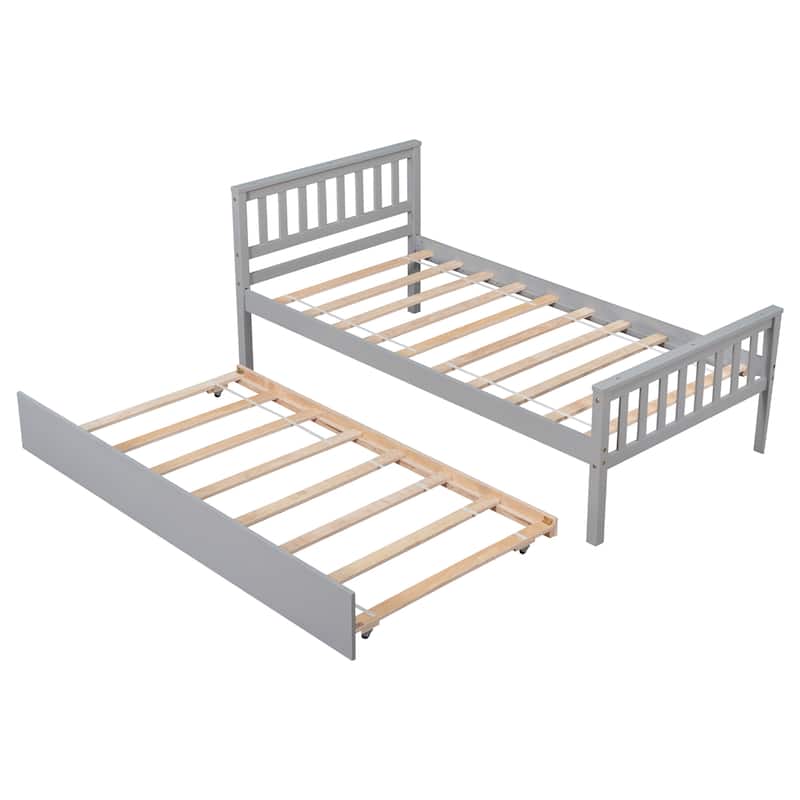 Space-Saving Twin Bed with Trundle, Platform Frame, Headboard, and Footboard, Grey