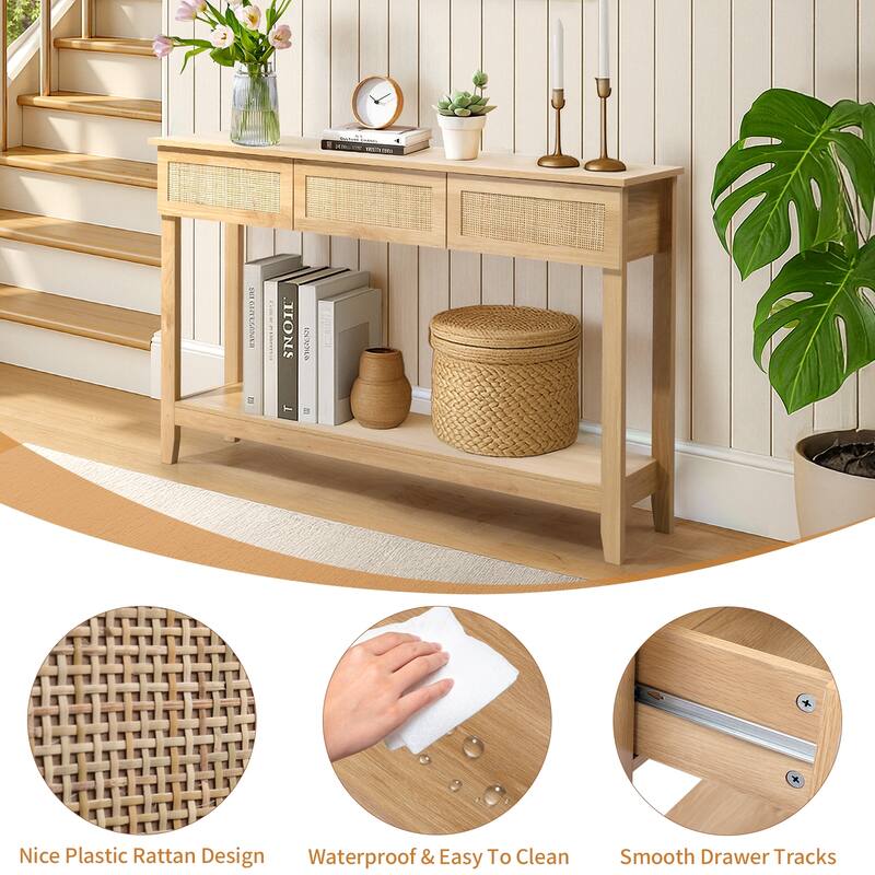 Natural Wood MDF Rattan Inspired Console Table with 3 Drawers and Shelf - 51.2 x 11.8 x 32 in
