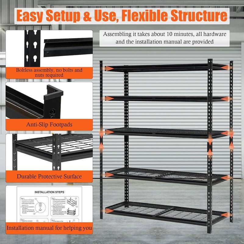 5 Tier Adjustable Storage Shelving Unit Garage Storage Shelves - N/A