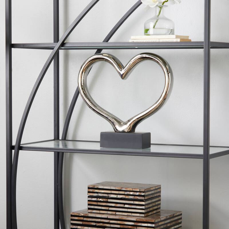 Silver Ceramic Heart Decorative Sculpture with Black Base - 13 x 3 x 2