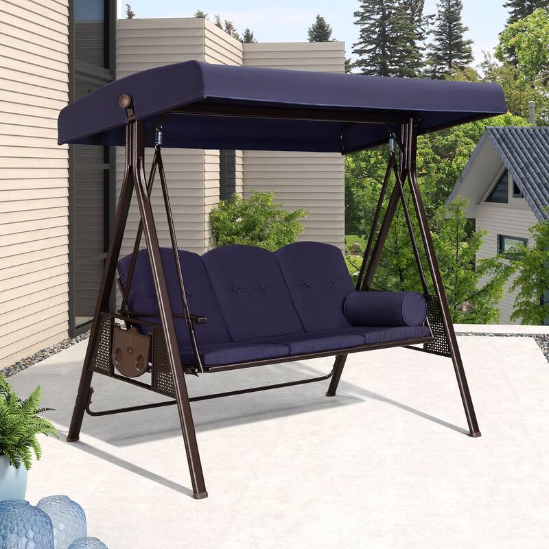 PURPLE LEAF Deluxe Outdoor Patio Porch Swing with Weather Resistant Steel Frame, Cushions and Pillow Included - 3 Seat - Navy Blue