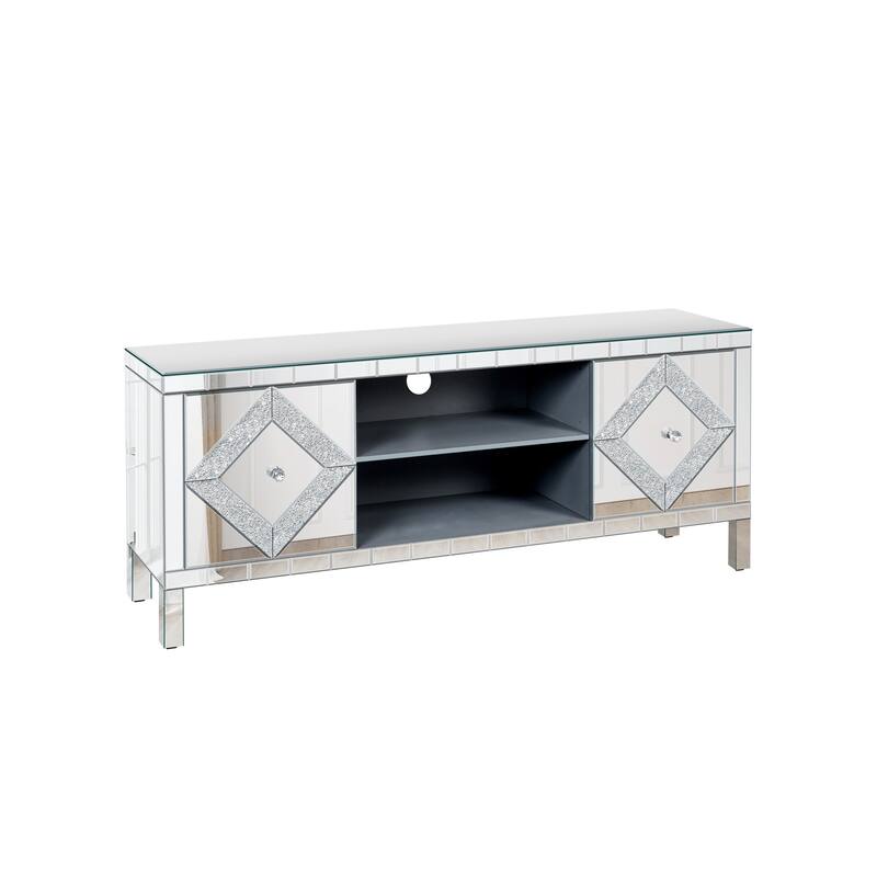 Roomfitters 47" Mirrored TV Stand for TVs up to 50", Silver Media Console with Diamond Glass Doors & Open Storage