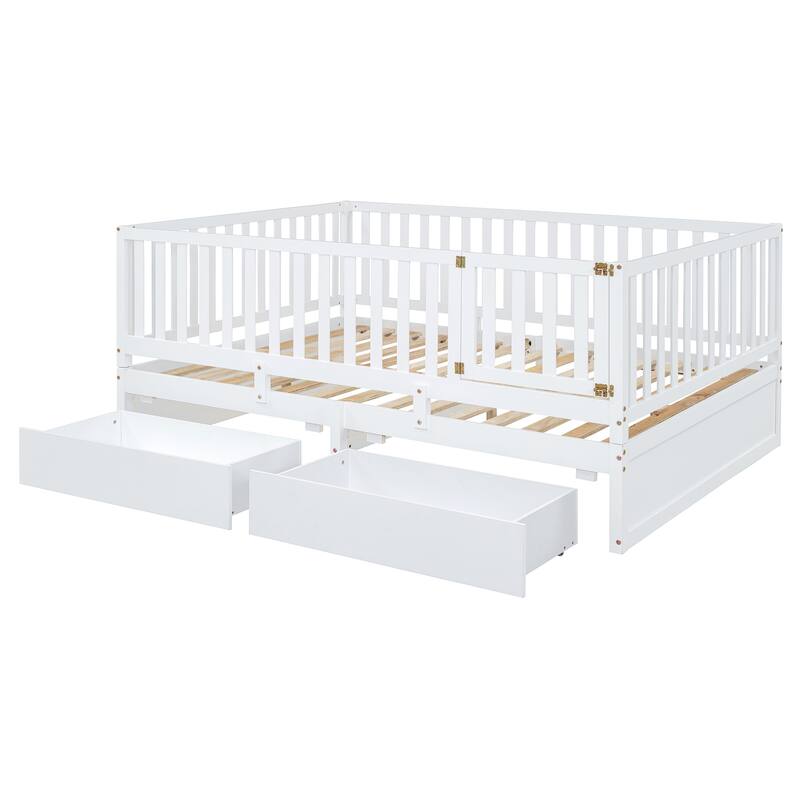 Full Size Wood Daybed with Fence Guardrails and 2 Drawers, Convertible to Floor Bed & Daybed, White