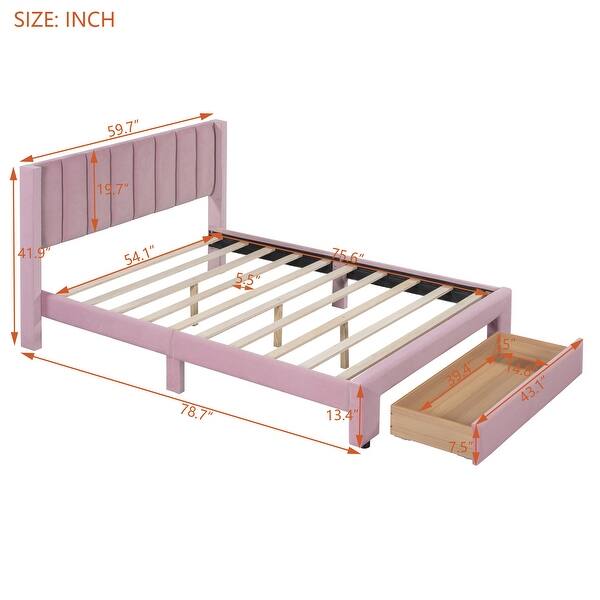 dimension image slide 1 of 3, Gray Full Velvet Upholstered Bed with Large Storage Drawer - Luxurious Design
