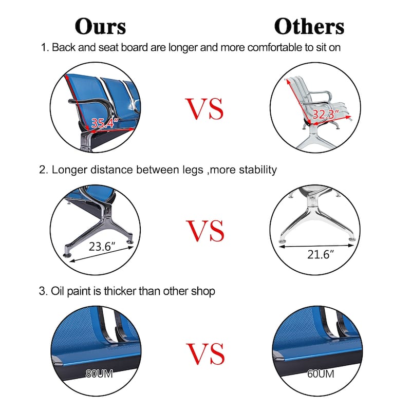 Kinbor 3-Seat Airport Reception Waiting Chair Bank Salon Barbershop Bench Guest Chair