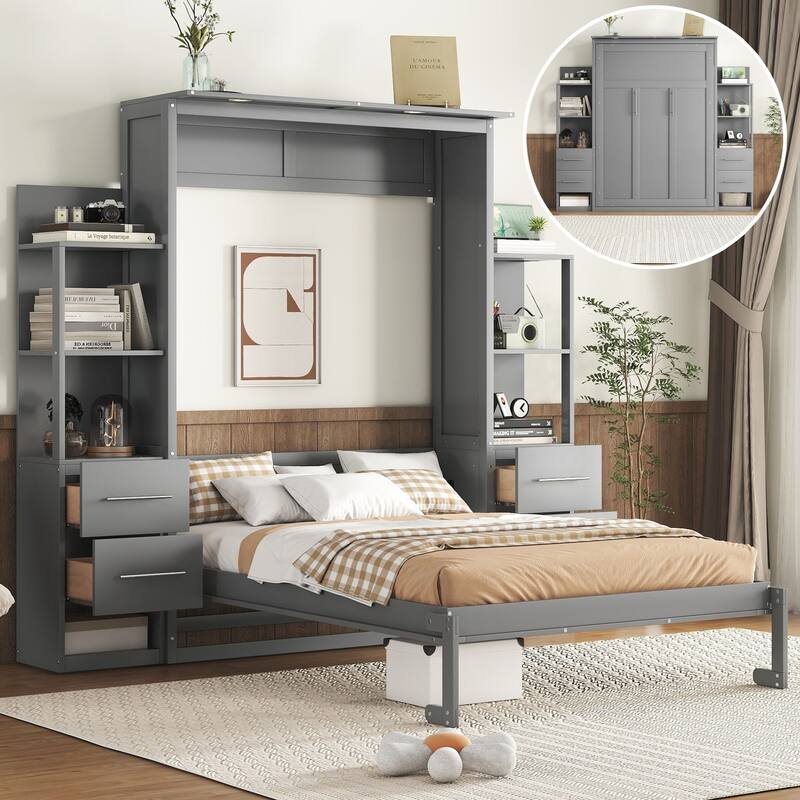Space-Saving Full Size Murphy Bed with Storage, LED Night Lamp, and Flexible Slat Mattress Support - Gray Full - Full