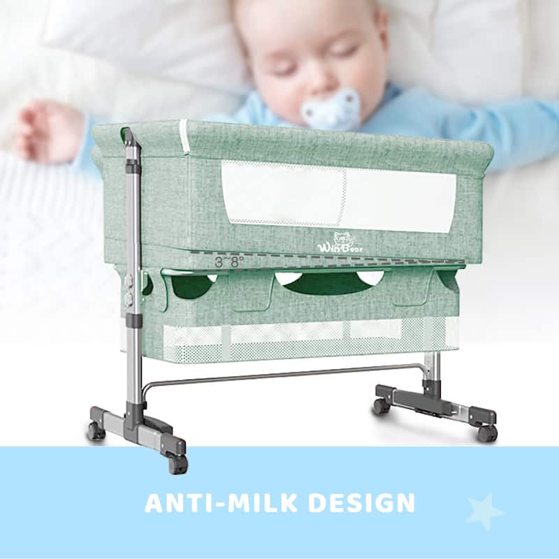 Adjustable Height Baby Bedside Sleeper Crib with Removable Mosquito Net Cover and Wheels