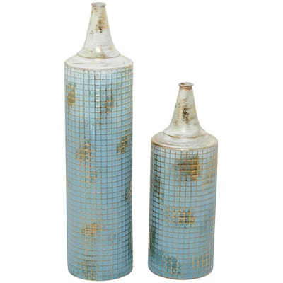 Metal Geometric Distressed Tall Vase with Grid Pattern and Gold Accents - Set of 2 Blue - Roche River Decor - 6"W x 6"L x 25"H