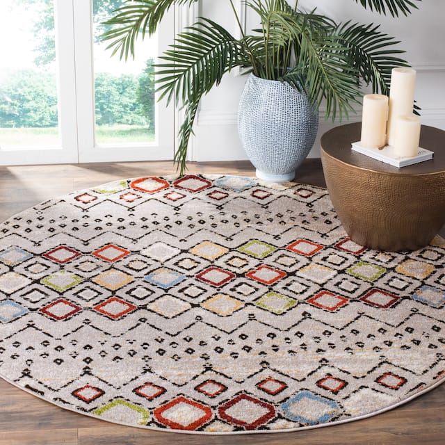 SAFAVIEH Amsterdam Bridget Moroccan Boho Rug - 8' x 8' Round - Light Grey/Multi
