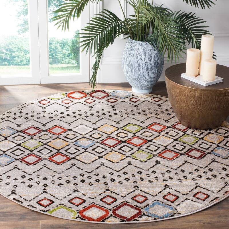SAFAVIEH Amsterdam Iskra Moroccan Boho Rug - 11' Round - Light Grey/Multi