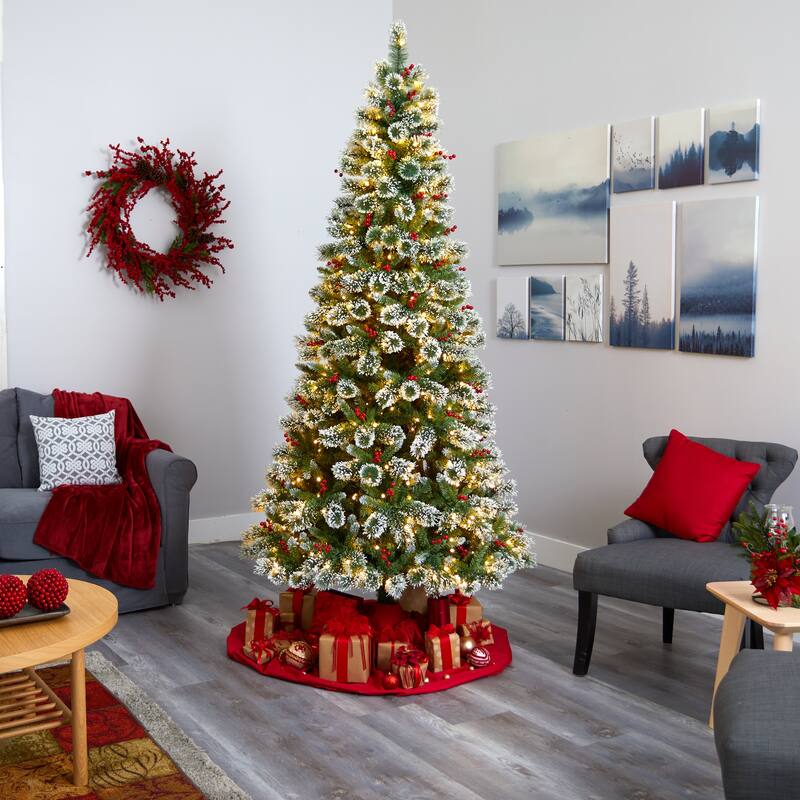 8' Frosted Swiss Pine Artificial Christmas Tree with 550 Clear LED Lights and Berries