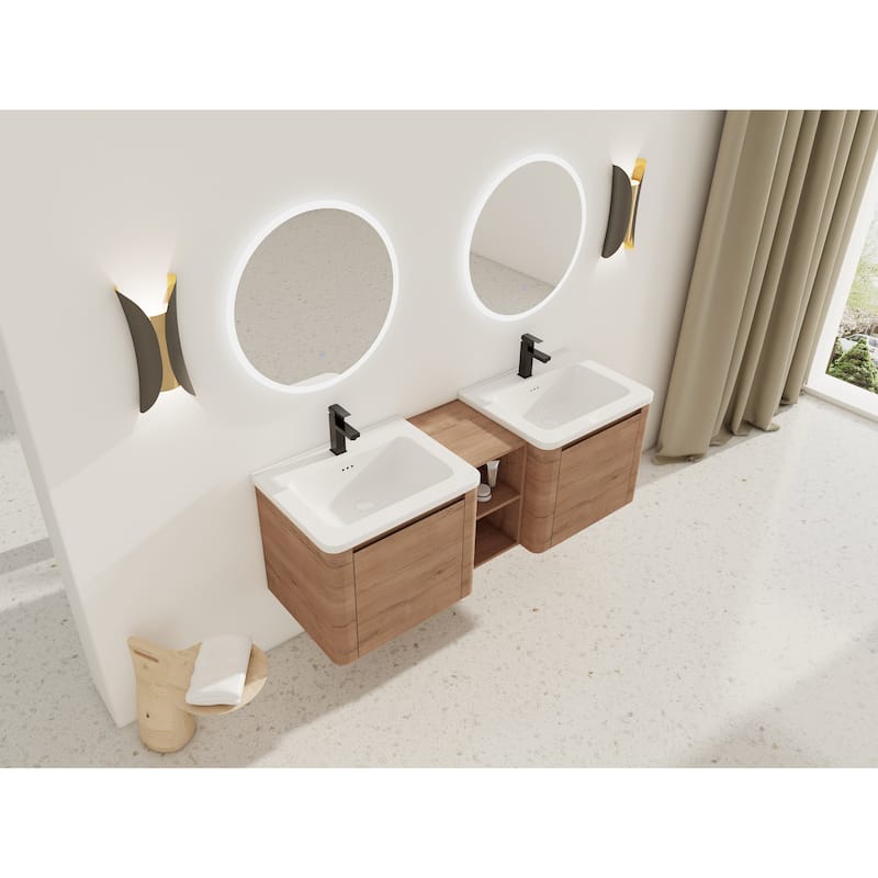 Wall-Mounted Bathroom Vanity with Ceramic Sink and Storage Shelves