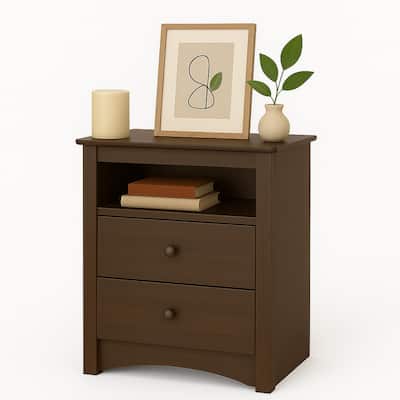 Prepac Fremont 2 Drawer Nightstand: Elegant Bedroom Furniture, Bedside Table with Open Shelf, Espresso