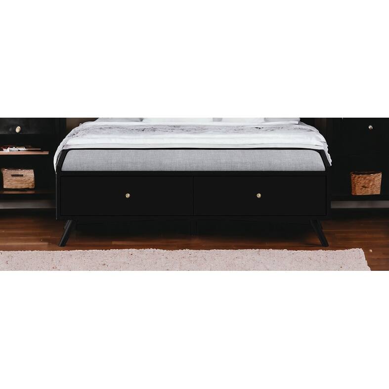 HomeRoots 59" Gray and Black Upholstered Polyester Blend Bench with Drawers - 59 - 59