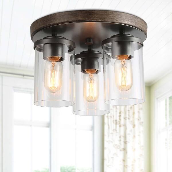 slide 2 of 4, Farmhouse 3-Light Faux Wood Metal Flush Mounts Rustic Foyer Ceiling Lighting - D11.8" x H8.3"