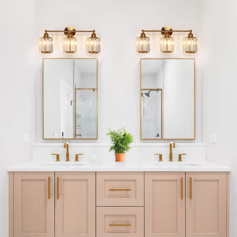 Modern Glam Crystal 3-Light Gold Bathroom Vanity Lights Dimmable Plating Brass Wall Sconce