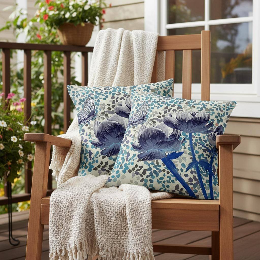 HomeRoots Set of Two 16" X 16" Blue and Gray Butterfly Blown Seam Floral Indoor Outdoor Throw Pillow - 16.00' X '16.00' X '5.00
