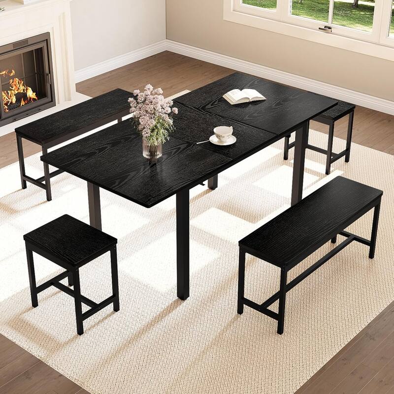 5-Piece Extendable Kitchen Dining Table Set for 4-8 People with 2 Benches and 2 Stools
