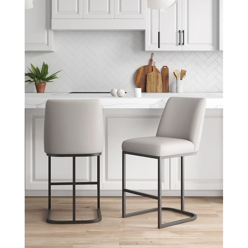 Manhattan Comfort Serena Modern Faux Leather Upholstered Counter Barstool - Set of 2 - Light Grey - Counter Height