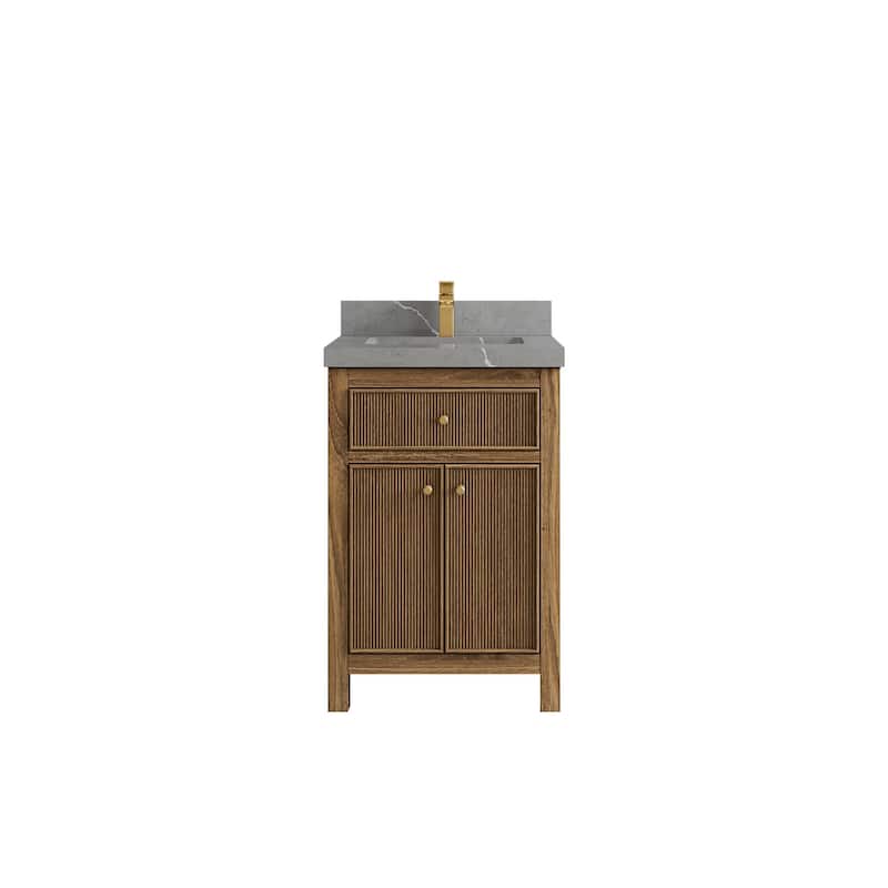 Willow Collections 24 x 22 Sonoma Teak Wood Single Bowl Sink Bathroom Vanity in Golden Teak with Countertop - 2" Piatra Gray