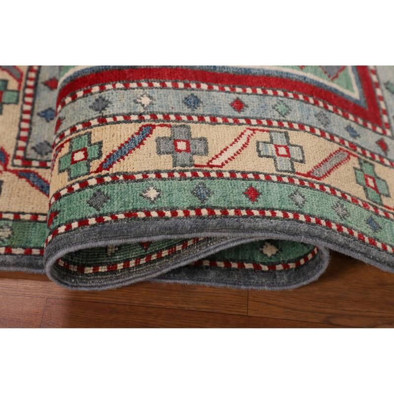 Gray Geometric Kazak Foyer Rug Hand-Knotted Traditional Wool Carpet - 3'4" x 4'9"