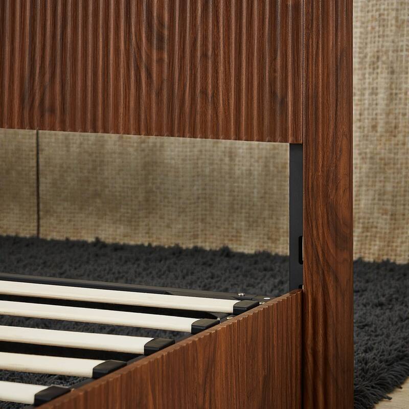 Lift Up Storage Platform Bed with Hydraulic Mechanism, Curved Corrugated Wooden Panels, No Box Spring Required