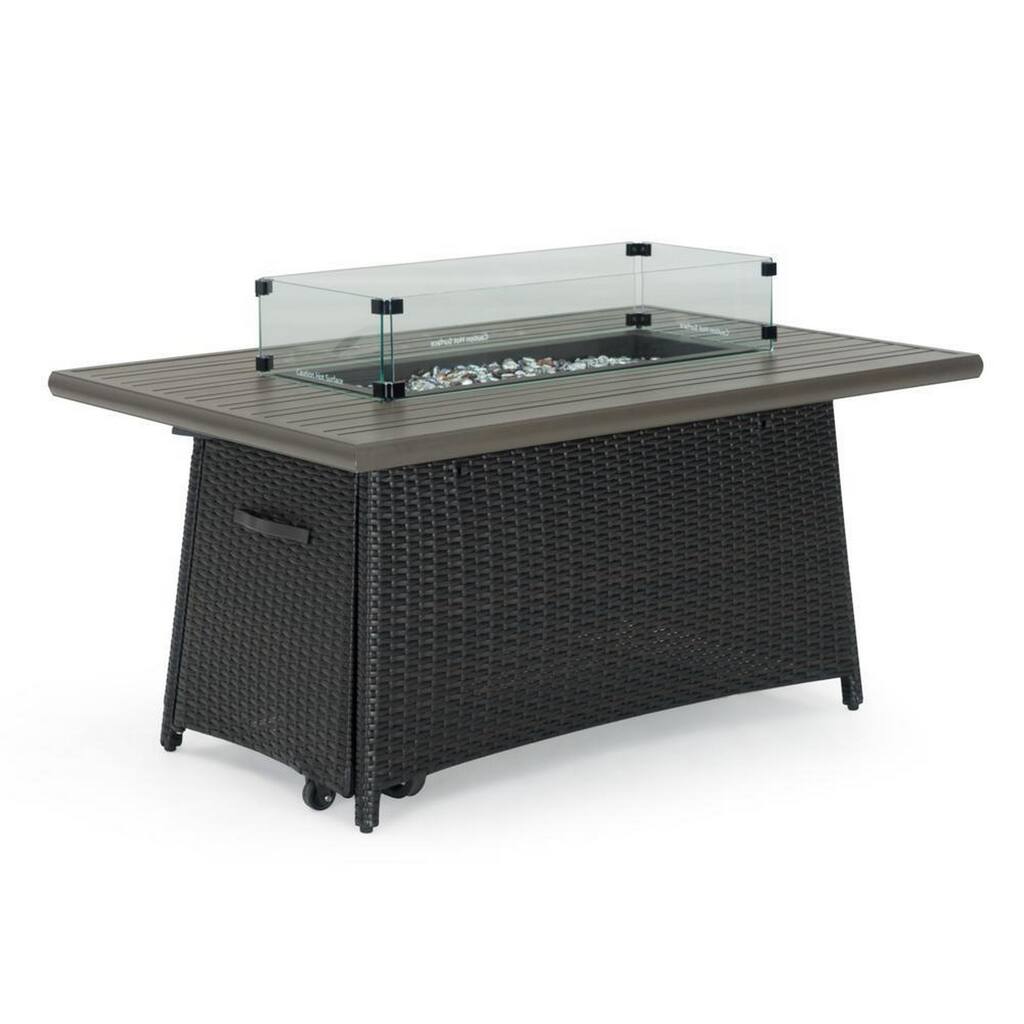 Lor 50 Inch Outdoor Fire Pit Table, Glass Shield, Wicker Base, Brown, Black