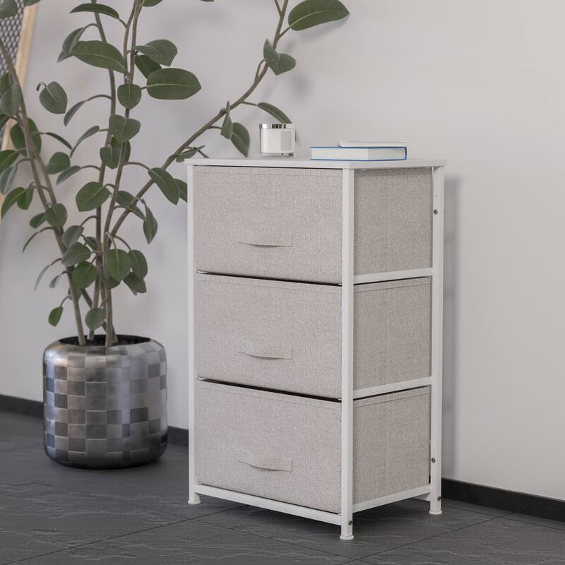 3 Drawer Vertical Storage Dresser with Wood Top & Fabric Pull Drawers - White/Gray