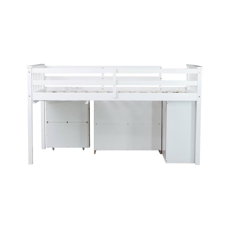 Twin Loft Bed with Pull Out Desk and Storage Cabinets, White Rubberwood and MDF Bed for Kids with Study Space and Drawers