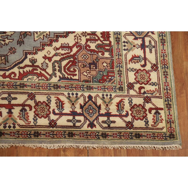 Hand Knotted Oriental 100% Wool Carpet Traditional Medallion Navy Blue & Blues Heriz (serapi) Area Rug - 9' 9'' X 7' 11''