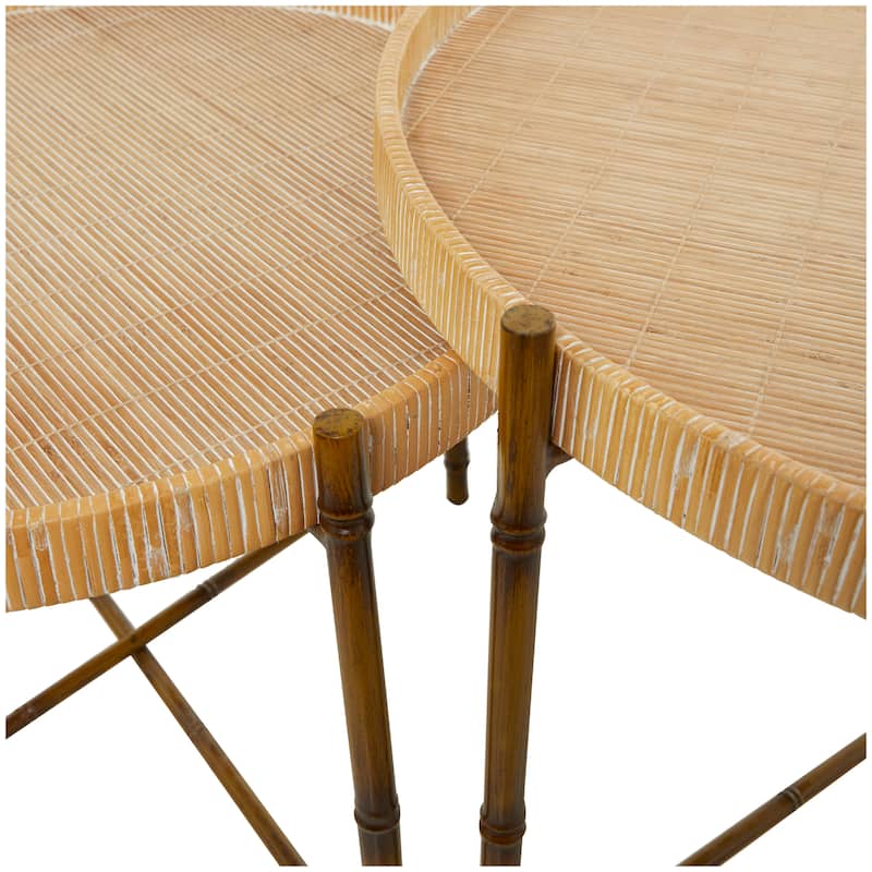 Rattan Nesting Accent Table with Metal Bamboo Inspired Legs - Set of 2 Brown - Roche River Decor - 32"W x 32"L x 20"H