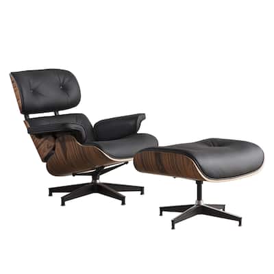 HomeRoots 35" Black Tufted Leather And Brown Swivel Lounge Chair with Ottoman - 34.6