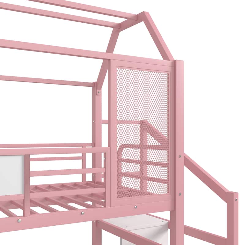 Fun Play House-shaped Loft Bed Metal Bed Frame with Grid and Shelves
