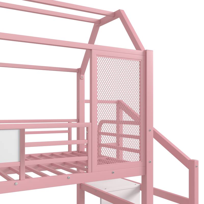 Twin House Loft bed with Slide and Stairs, Metal Playhouse Bed with Storage Shelves, House-shaped Roof and Noise-free Design