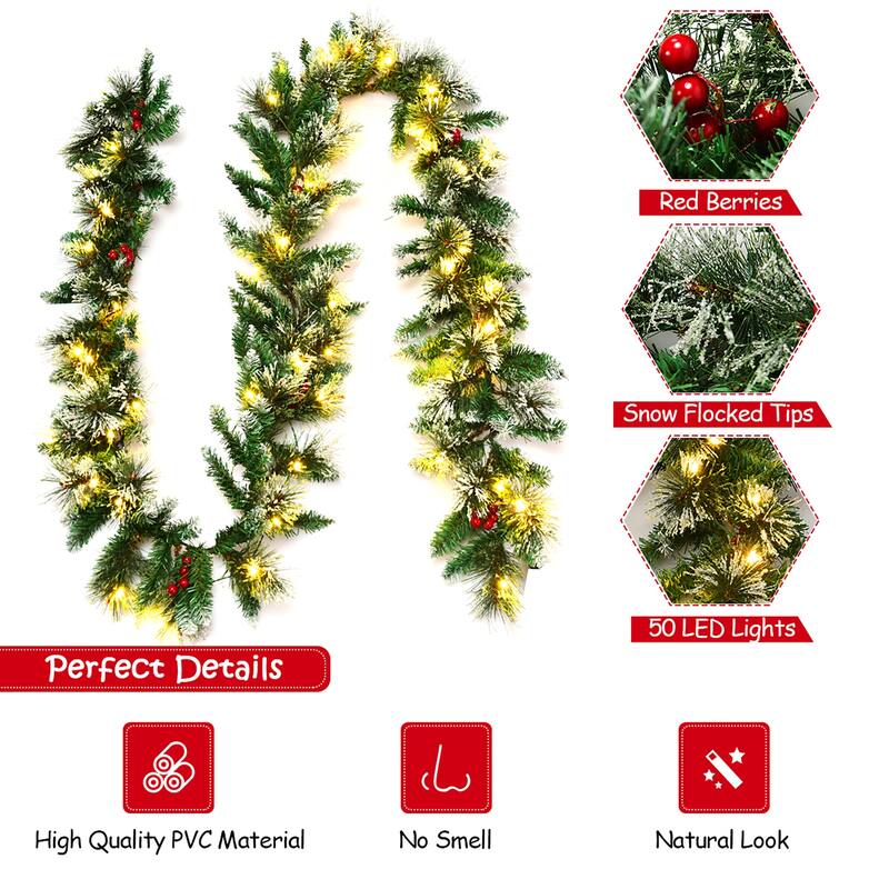 Costway 9ft Pre-lit Christmas Garland w/ Snow Flocked Tips Red Berries - 9 FT
