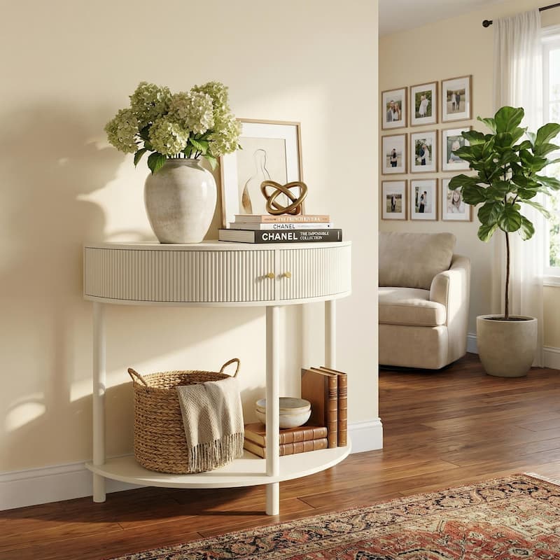 Homy Casa 31.5" Demi-Lune Console Table with 2 Drawers & Shelf, Wave-Pattern Front, Solid Wood Legs, Multiple Colors