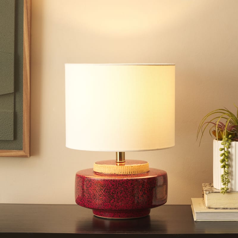SAFAVIEH Lighting Chels Table Lamp 19-Inch Glazed Ceramic Base - 12"W x 12"D x 19"H - Red/Brass