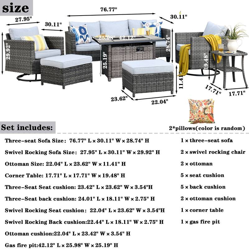 OVIOS 7-piece Wicker Sectional Sofa Swivel Rocking Chair Set With Fire Pit