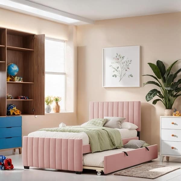 slide 2 of 11, Twin Size Velvet Platform Bed with Pull-out Cord Twin Size Trundle, Upholstered Bed with Wooden Support Legs, Pink Pink