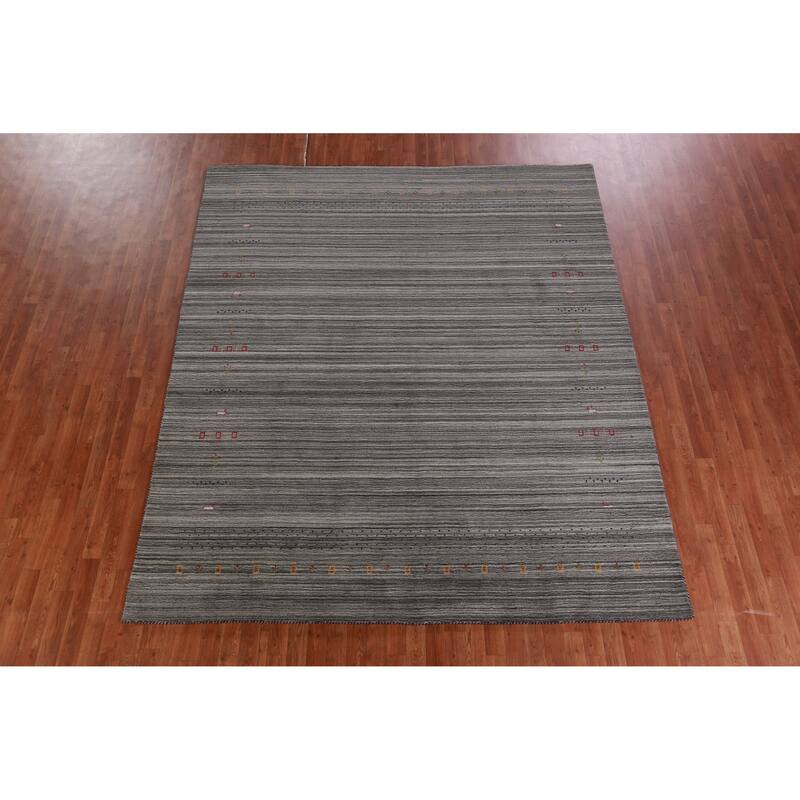 Hand Knotted Oriental 100% Wool Carpet Tribal Stripe Greys & Charcoal Gabbeh Area Rug - 9' 7'' X 8' 1''