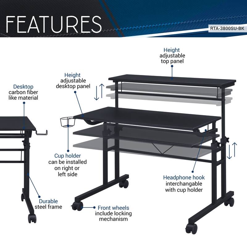 Adjustable Rolling Desk with Dual Surfaces, Carbon Fiber-Like Texture, Locking Wheels, and Integrated Storage for Home Office