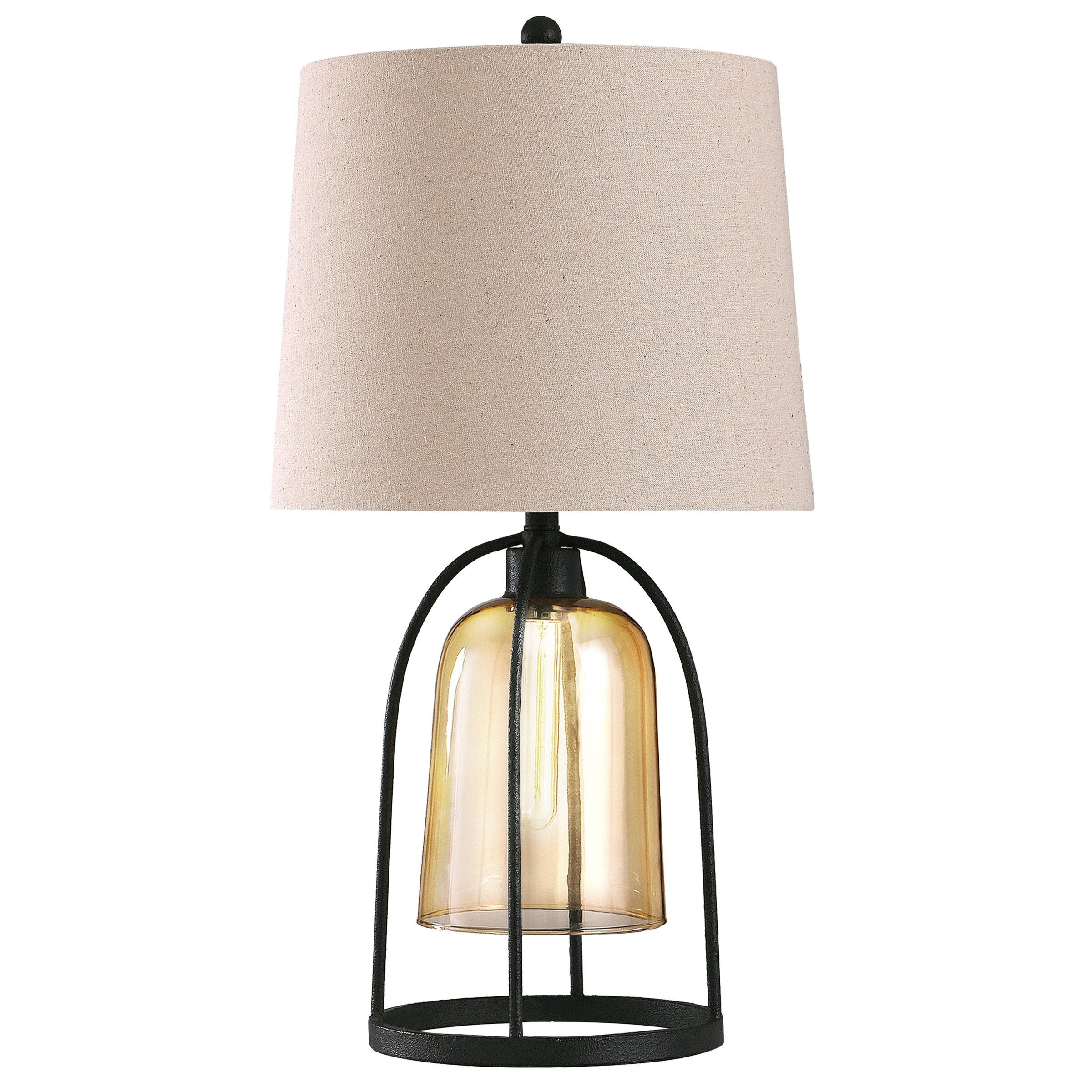 Stylecraft Malvern Industrial Metal Caged Amber Glass Bell Table Lamp With Tan Tapered Drum Shade Overstock 30297722