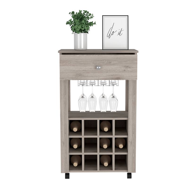 Bar Cart Bayamon, Twelve Wine Cubbies, Four Legs - Grey