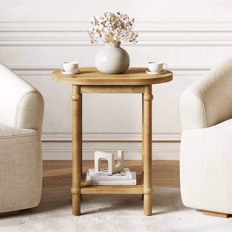2-Tier Oval Side Table, Farmhouse End Table with Storage Shelves