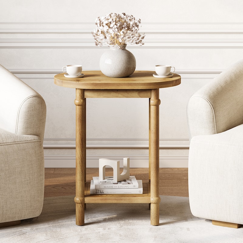 2-Tier Solid Wood End Table with Storage Shelves, Side Accent Table Nightstand for Living Room Bedroom